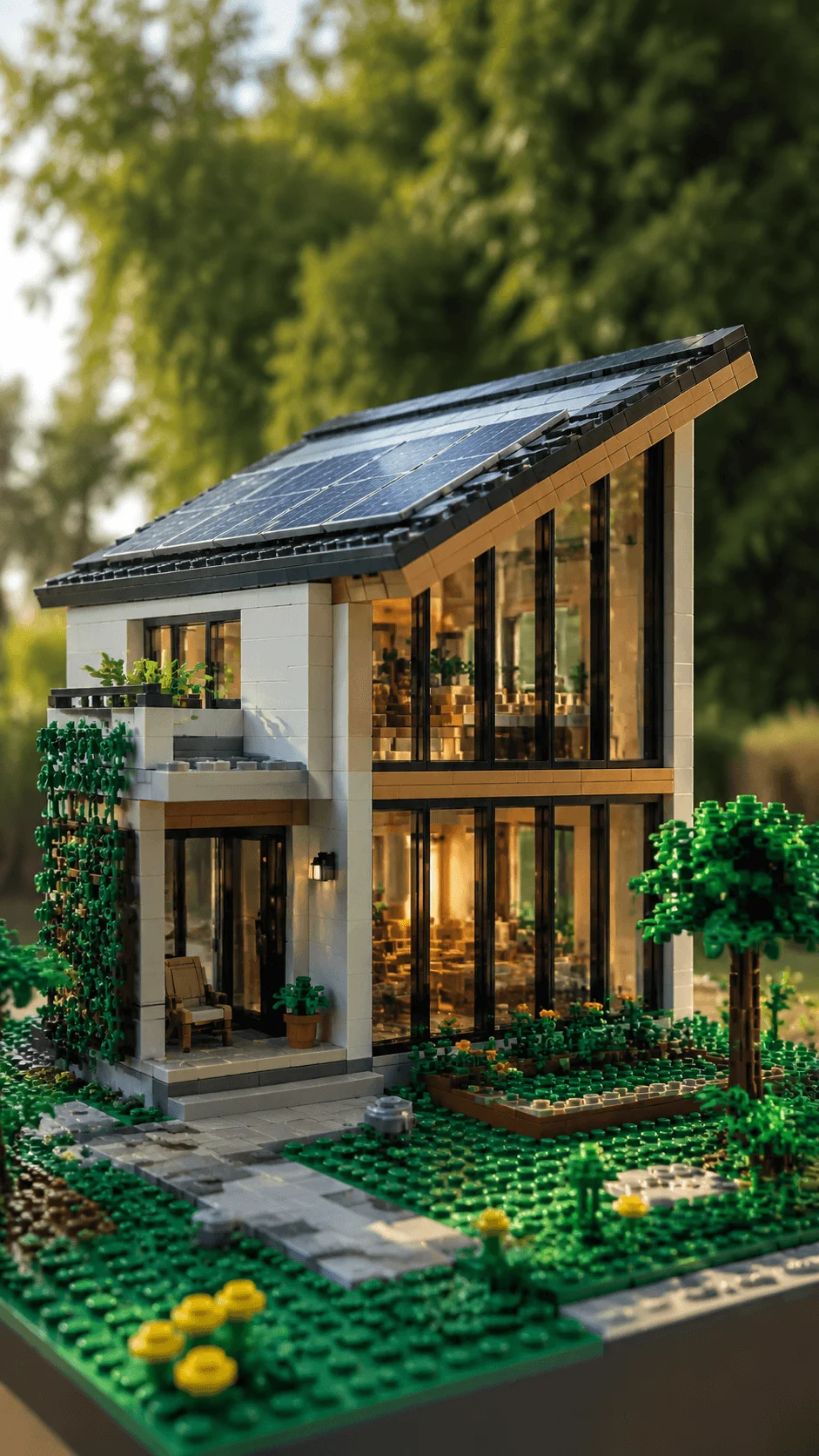 Realistic LEGO passive solar house with large windows rooftop solar panels natural lighting green garden trees and energy efficient sustainable architecture design