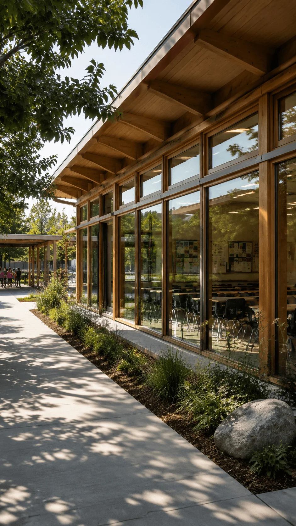 Passive solar school architecture featuring a sustainable wooden building with large windows natural daylight green landscaping and energy efficient design principles