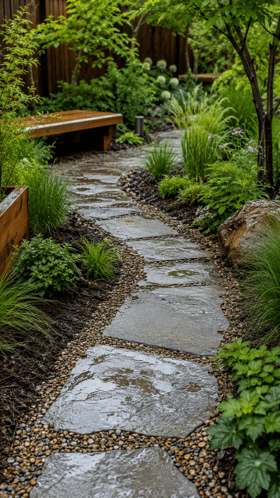 Permeable garden landscape with a wet stone pathway surrounded by lush green plants, natural gravel, trees, and eco friendly garden design after rainfall
