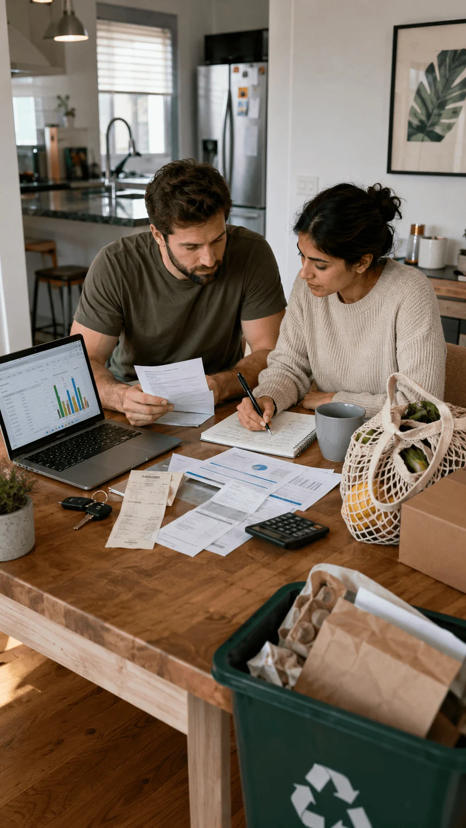 Couple reviewing bills and household carbon data beside reusable groceries and a recycling bin