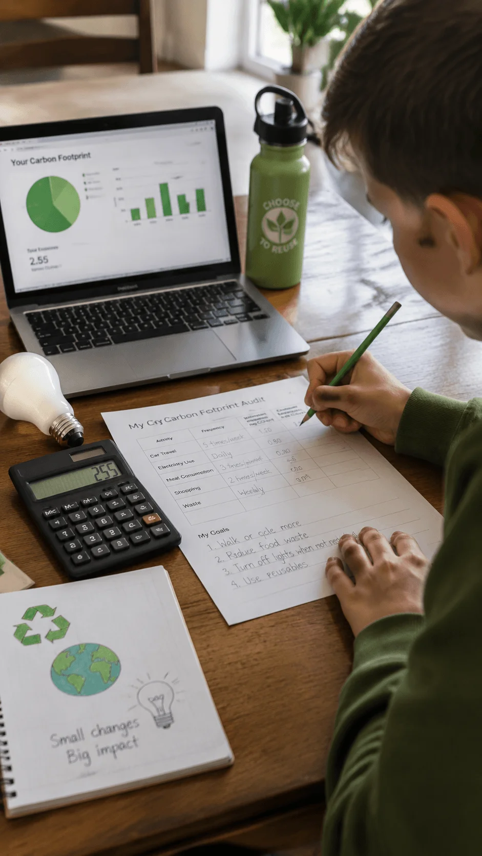Student completing a personal carbon footprint audit with laptop charts, environmental worksheet, calculator, reusable bottle and sustainability notes on a desk