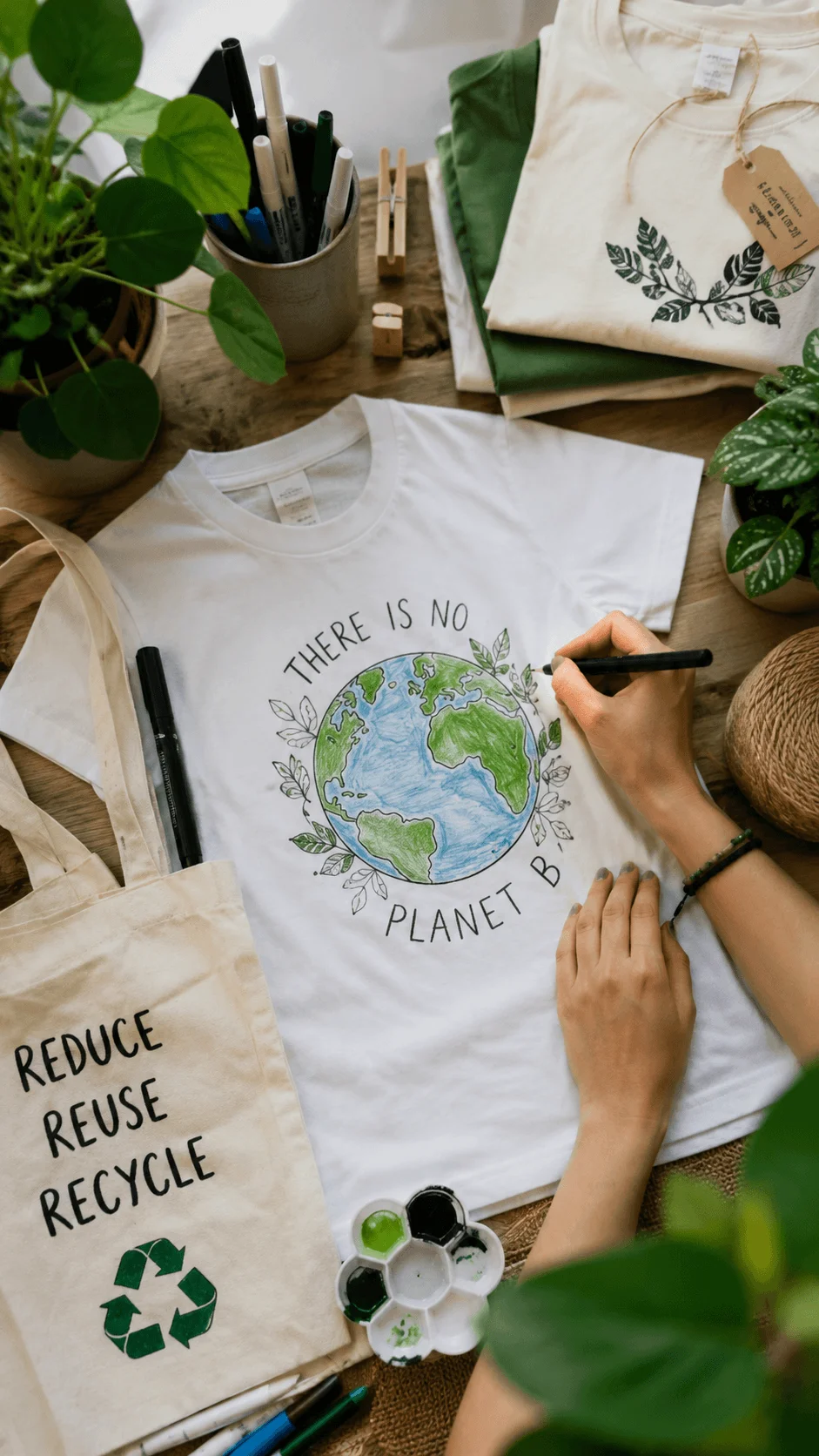 Personalized eco friendly t shirt designs featuring handmade sustainable fashion artwork with a planet illustration, recycling message, creative drawing process, natural materials, and an eco conscious workspace surrounded by plants and green elements.