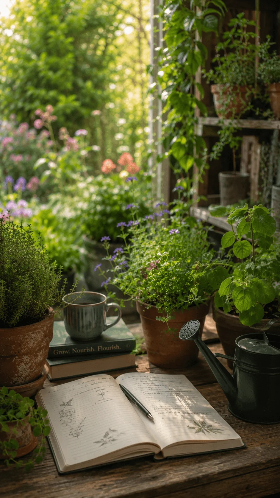 Plant and garden inspired sustainable living scene with potted plants open journal watering can and natural wooden table creating a peaceful eco friendly atmosphere