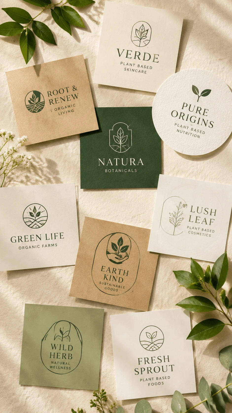 Plant based brand logo design ideas featuring minimalist botanical logos on eco friendly cards with leaf symbols, natural colors and sustainable branding concepts surrounded by fresh green plants