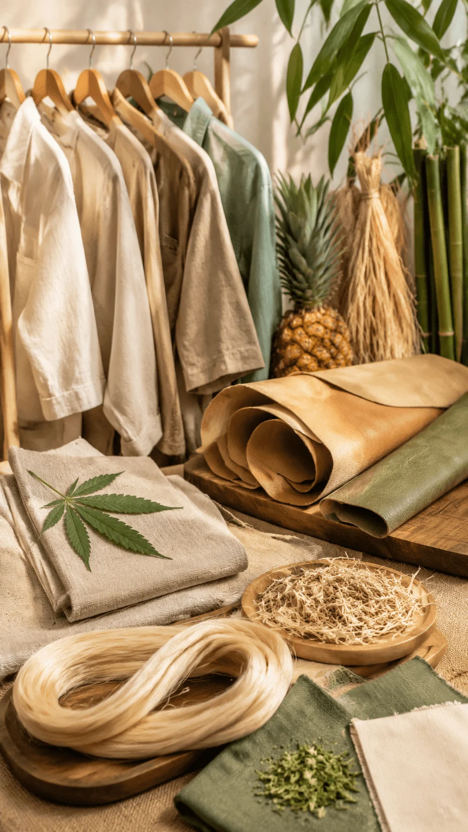 Plant based fashion materials featuring natural textiles, eco friendly fabrics, hemp fibers, bamboo elements, and sustainable clothing resources arranged in a nature inspired fashion studio setting