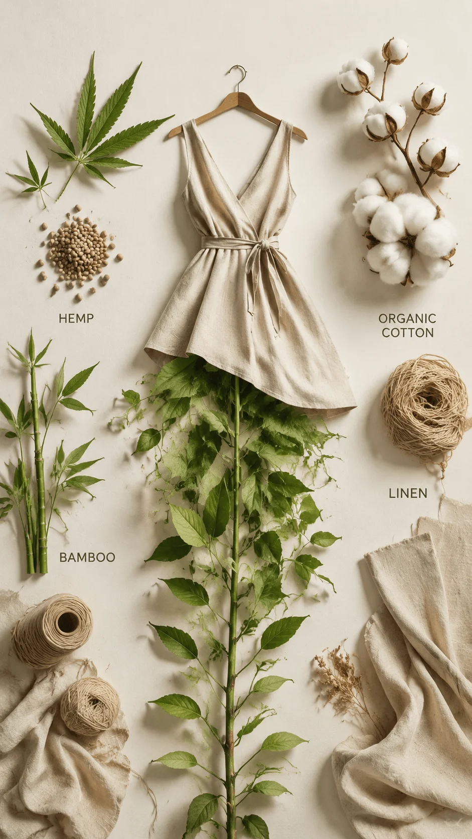 Plant based fashion poster showing a sustainable garment surrounded by natural fibers, hemp, bamboo, organic cotton, linen, plants, and eco friendly materials representing nature inspired clothing design and environmentally conscious fashion choices