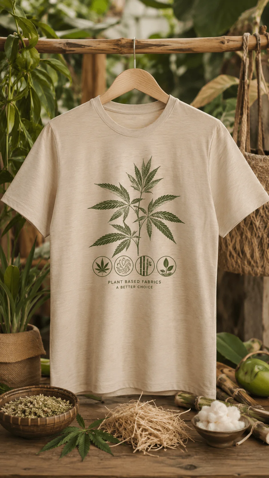 Plant based fabric T shirt with hemp leaf artwork displayed among natural fibers and green plants