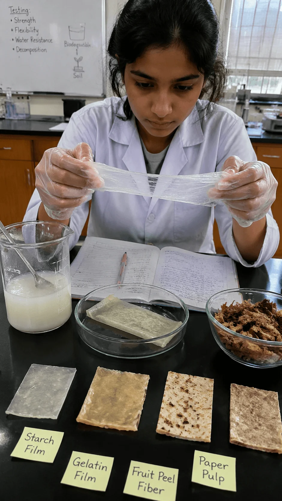 Student testing plastic alternative materials by comparing biodegradable films made from starch gelatin fruit peel fiber and paper pulp in a science laboratory setting