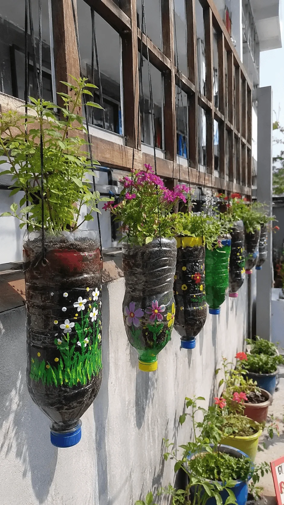 Plastic bottle garden made from recycled hanging planters painted with colorful flower designs and filled with herbs and flowering plants along an outdoor wall creating an eco friendly vertical gardening display.