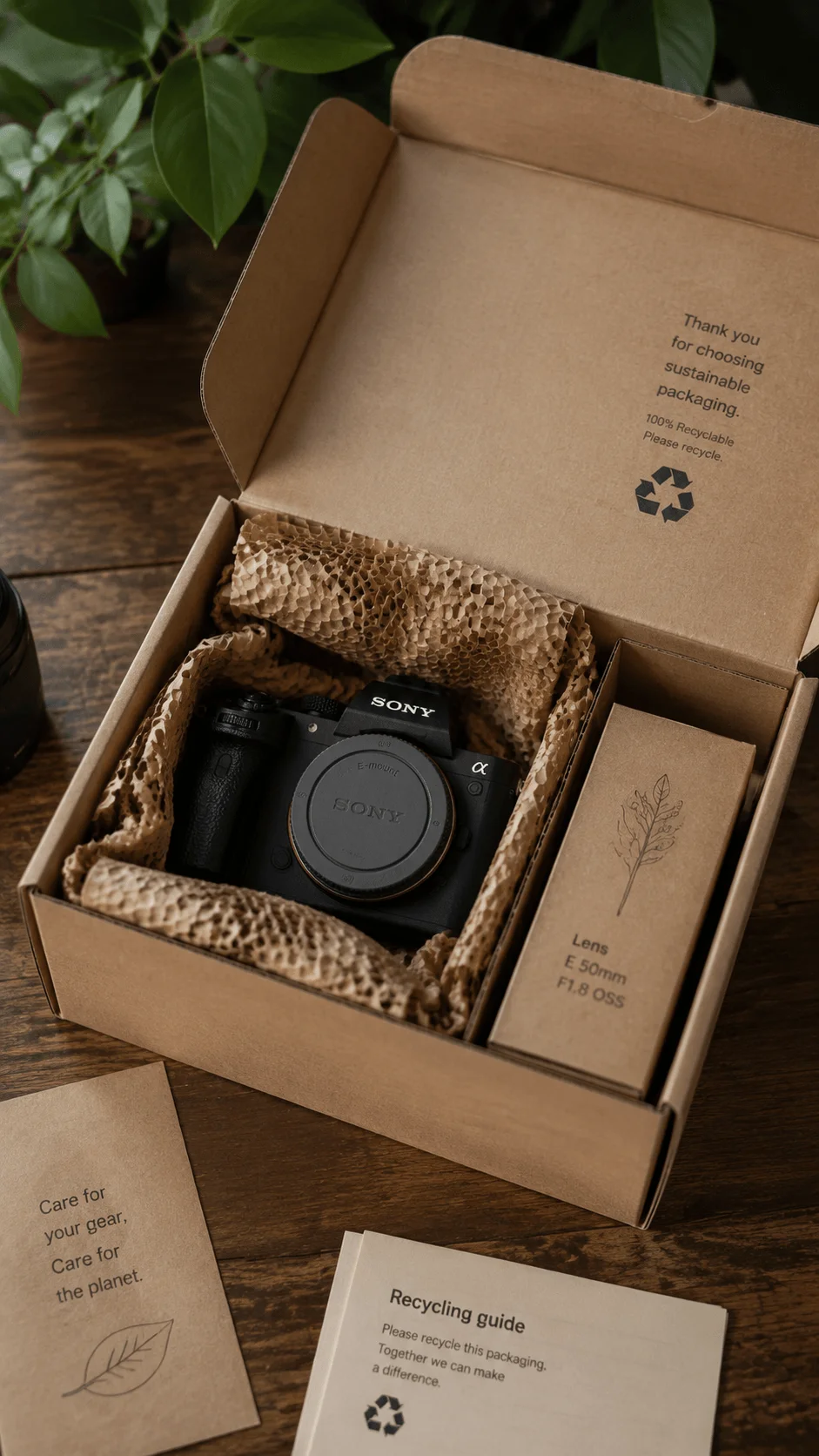 Eco friendly camera packaging with recyclable cardboard box, paper protection and sustainable materials for a mirrorless camera