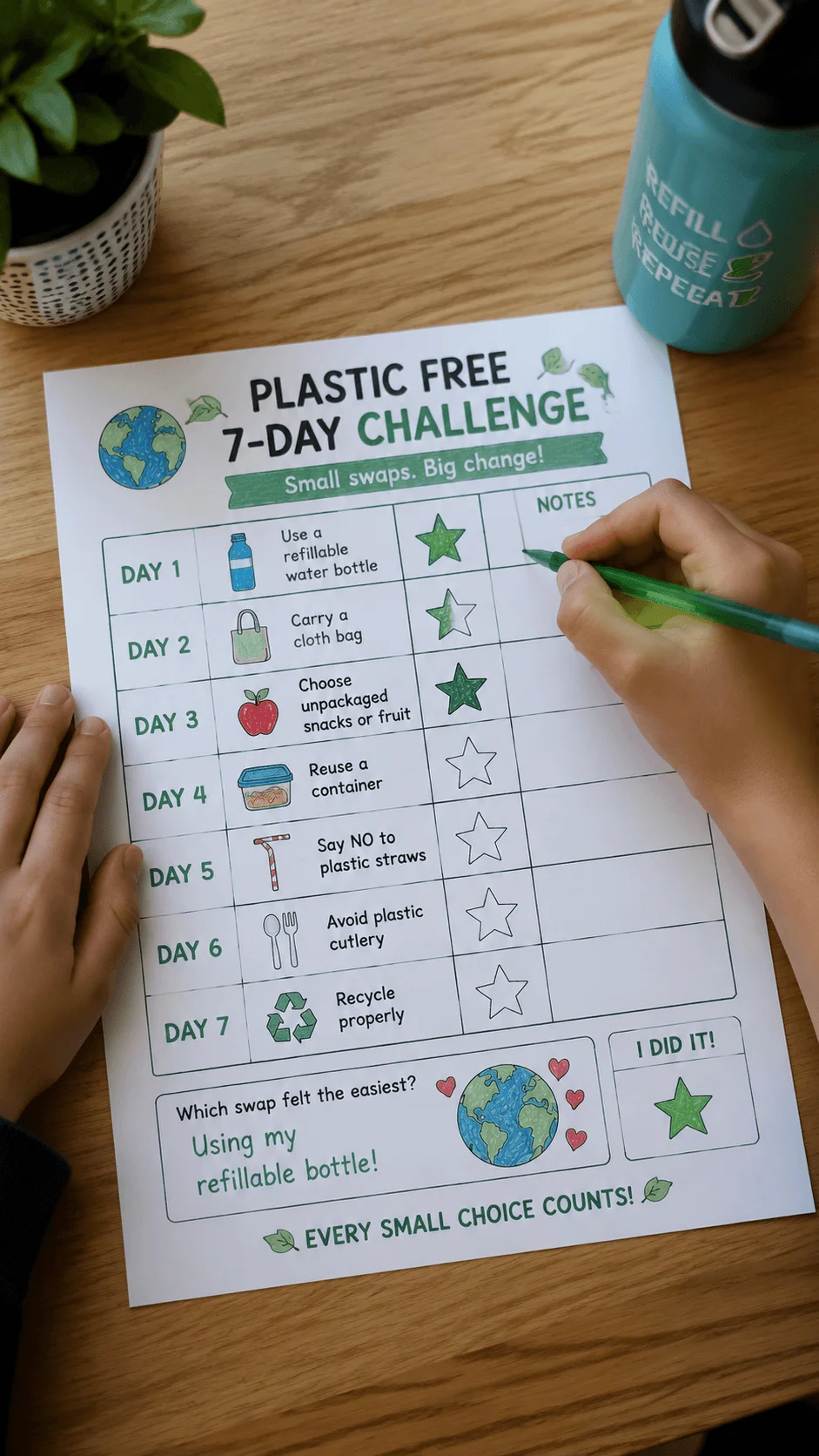 Child completing a plastic free 7 day challenge worksheet with eco friendly tasks including using a refillable bottle carrying a cloth bag reusing containers and reducing plastic waste while tracking sustainable habits on a printable activity sheet
