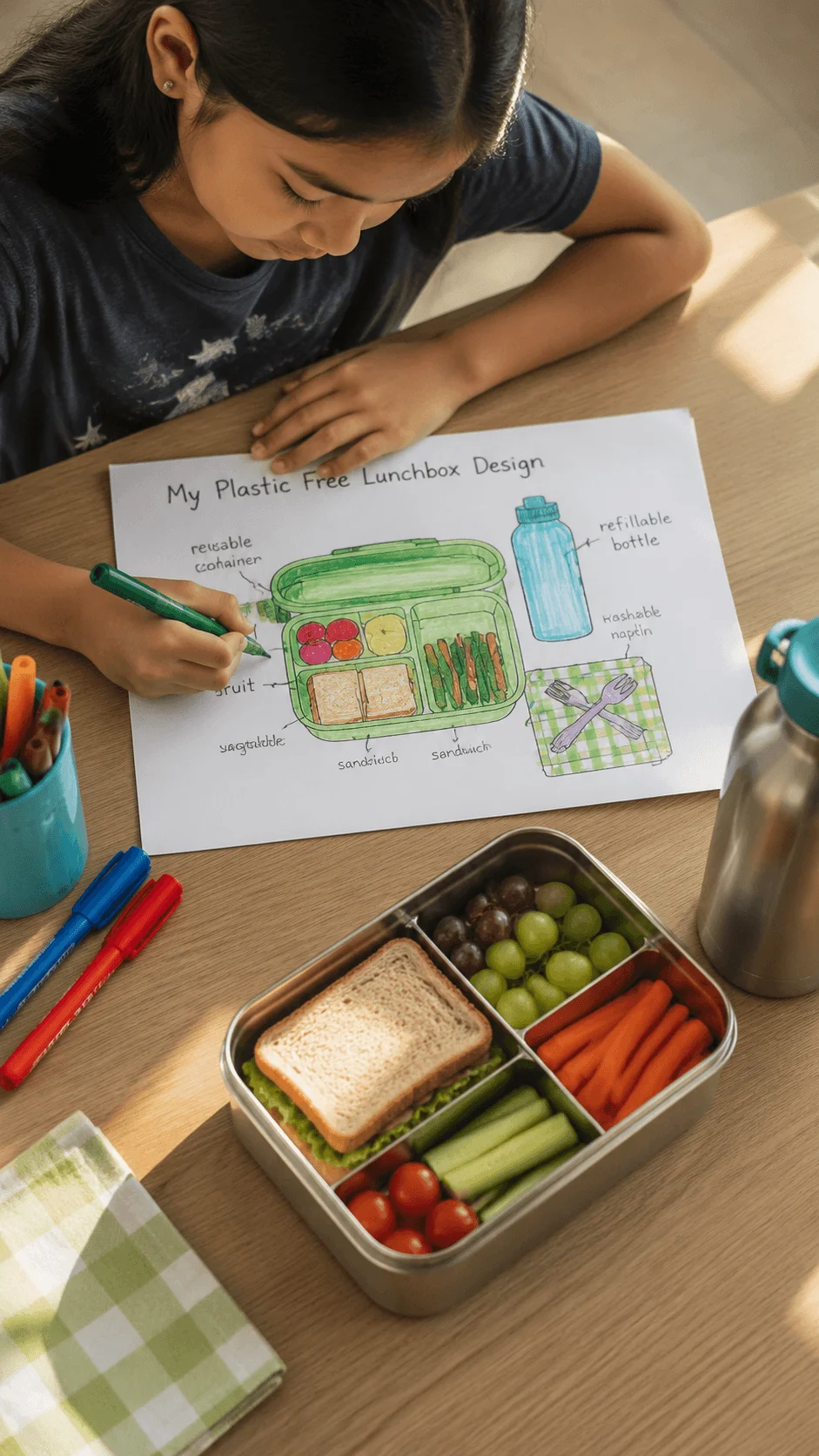 Child designing a plastic free lunchbox concept with reusable containers and healthy food choices while learning sustainable packaging ideas