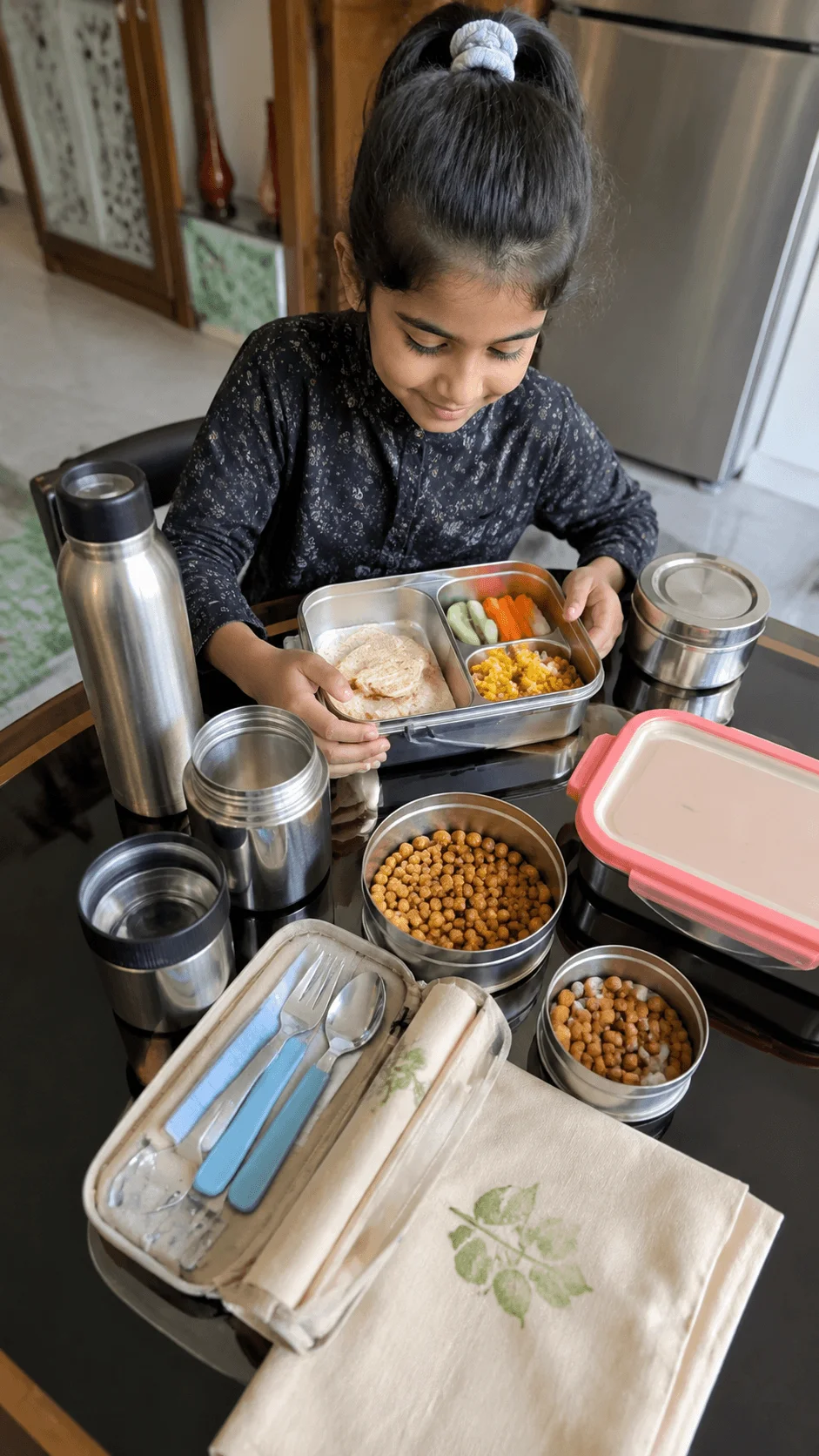 Child preparing a plastic free lunchbox with reusable containers stainless steel bottles and eco friendly utensils for sustainable living habits