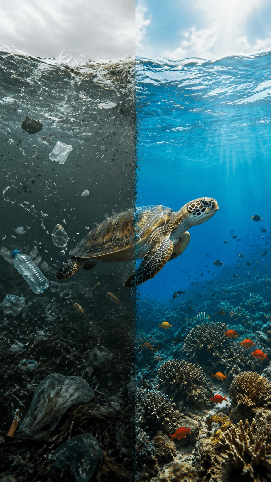 Plastic free ocean project cover showing a split underwater scene with polluted ocean water filled with plastic waste on one side and a clean blue ocean with coral reefs, fish, and a sea turtle on the other side symbolizing marine conservation