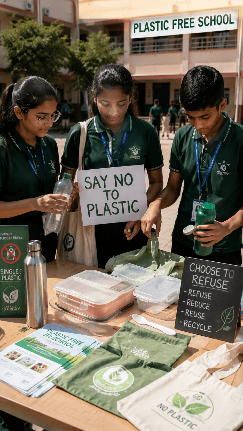 Students participating in a plastic free school campaign by promoting reusable bottles containers and cloth bags while encouraging classmates to refuse single use plastics reduce waste and adopt sustainable everyday habits.