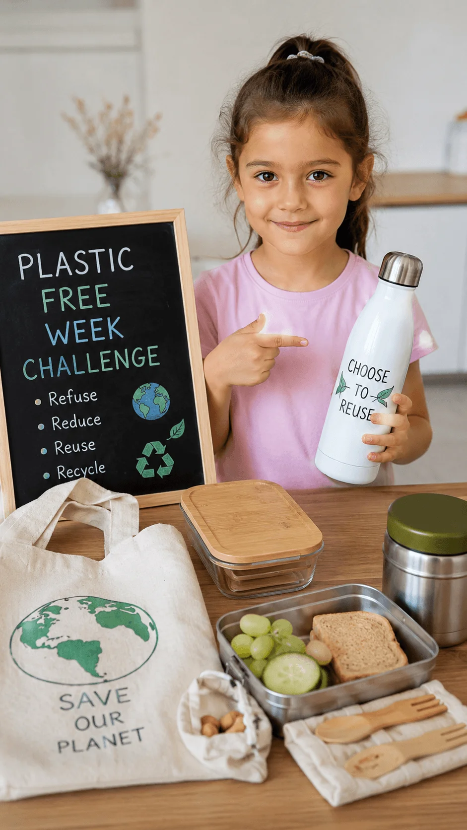 Child participating in a plastic free week challenge using reusable bottles bags containers and utensils to reduce plastic waste