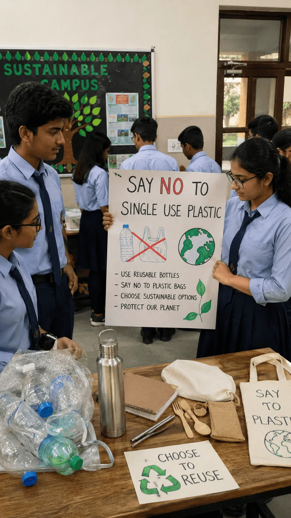 High school students promoting a plastic reduction campaign with reusable bottles, cloth bags, sustainable alternatives, and an awareness poster encouraging a plastic free campus