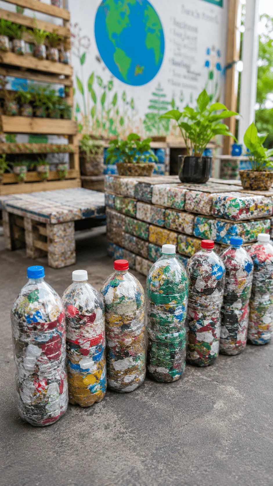 Plastic waste eco bricks made from recycled plastic bottles transformed into sustainable building blocks for environmental education recycling projects and eco friendly student innovations