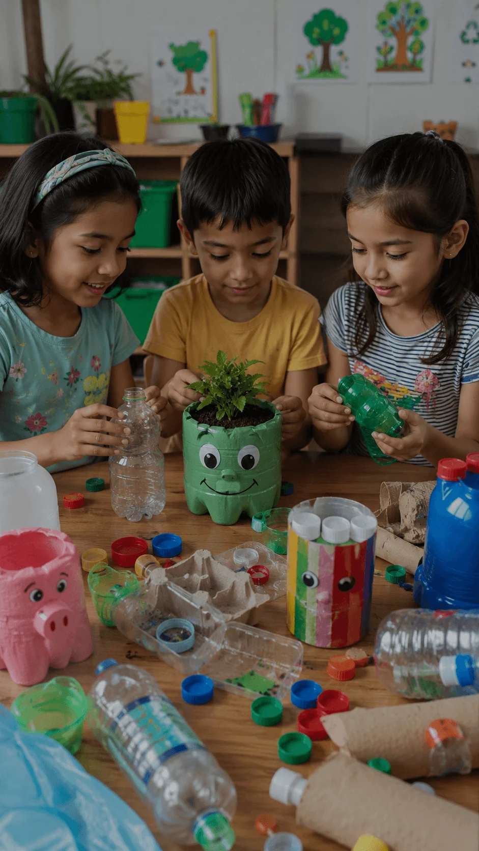 Three children creating crafts and planting in recycled containers using plastic waste for a recycling and sustainability project
