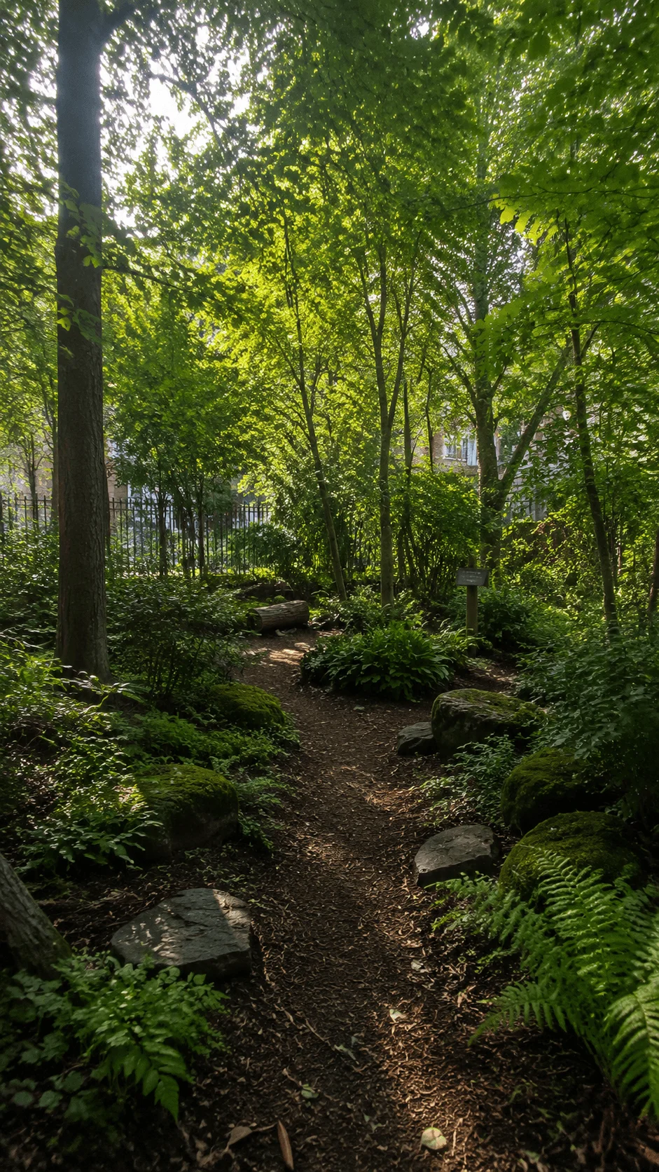 Pocket forest landscape with a dense green woodland path, moss covered rocks, ferns, native plants, tall trees, and soft sunlight creating a peaceful small urban forest atmosphere