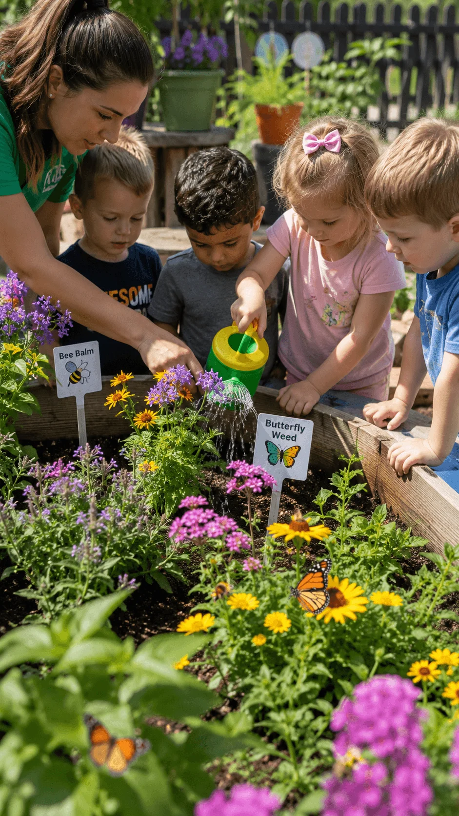 Children watering colourful pollinator friendly flowers with their educator while observing butterflies in a childcare garden