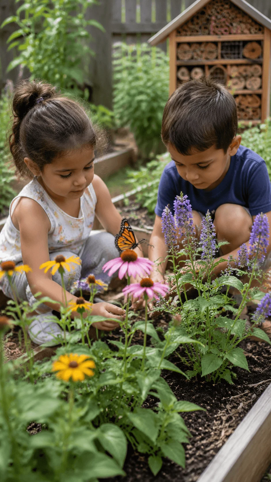 Children exploring a pollinator discovery garden with flowers and butterflies while learning about nature and plant life cycles