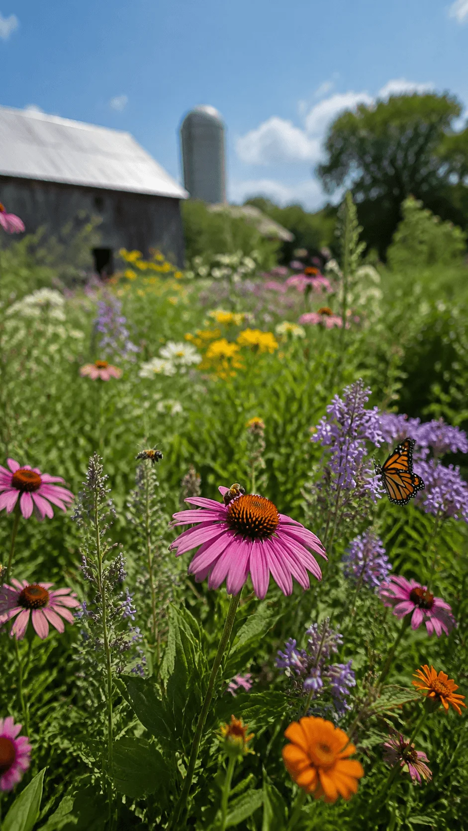 Pollinator friendly farm project showing colorful flowering plants with bees and butterflies supporting biodiversity and sustainable agriculture in a natural garden ecosystem