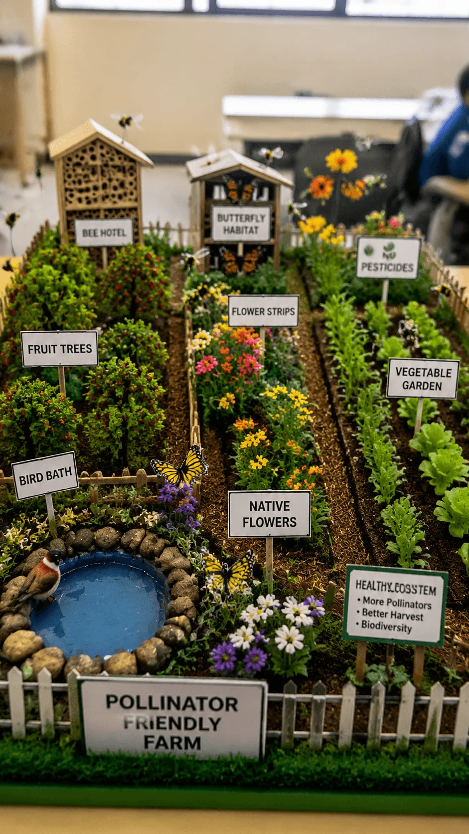 Pollinator friendly farm model showing bee hotels, butterfly habitat, native flowers, fruit trees, vegetable garden, bird bath, flower strips, and biodiversity conservation practices for supporting pollinators