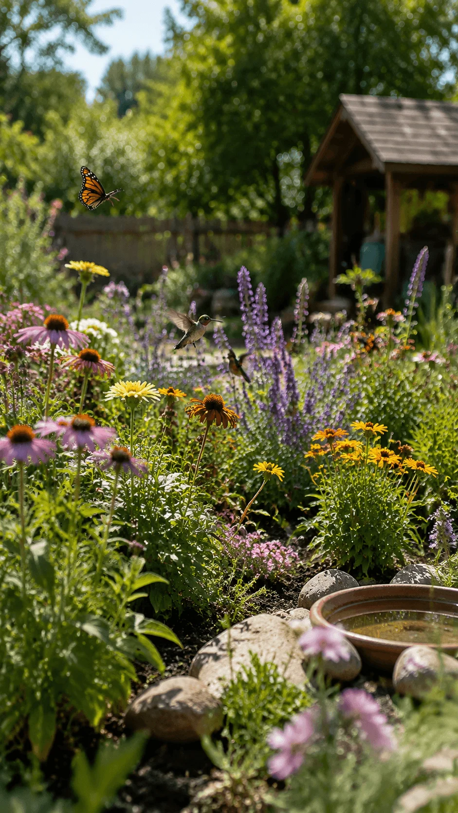 Pollinator friendly homestead garden with colorful flowers butterflies hummingbirds native plants and natural water feature supporting biodiversity and wildlife habitat