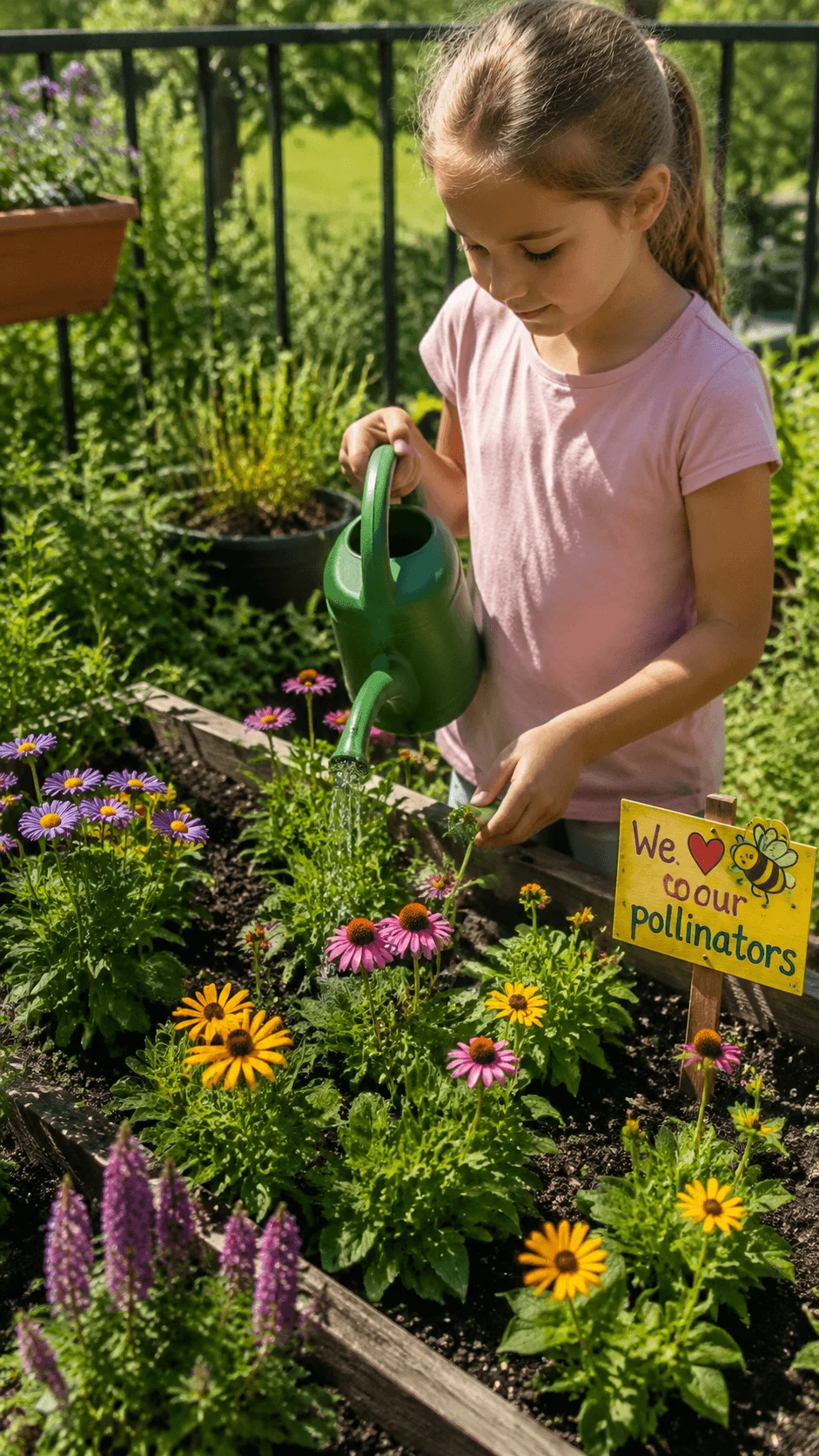 Child watering a pollinator garden with colorful flowers and learning about bees butterflies and biodiversity through outdoor environmental activities