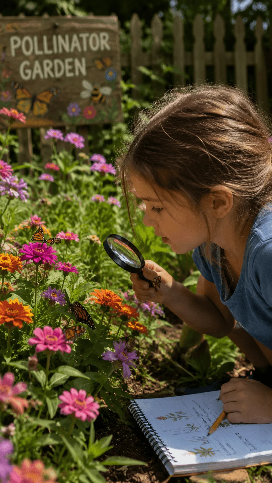 Child observing butterflies and colorful flowers with a magnifying glass during a pollinator garden challenge