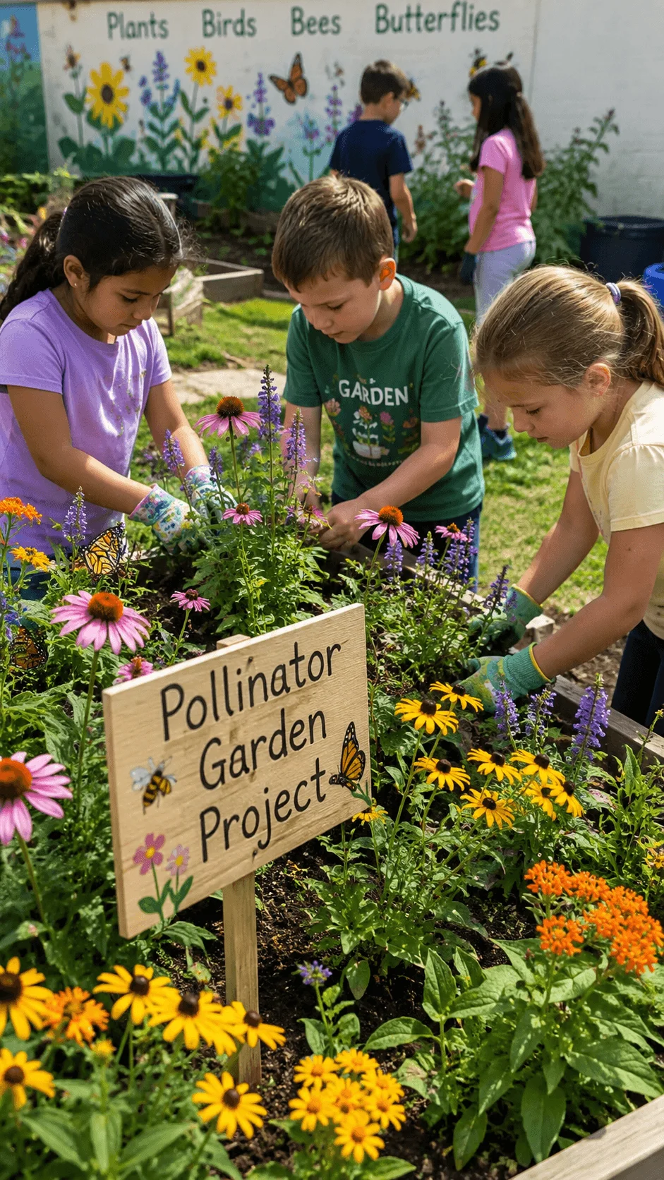 Children participating in a pollinator garden project by planting and caring for colorful flowering plants that attract bees butterflies and other pollinators while learning about biodiversity and ecosystem conservation in a school garden.