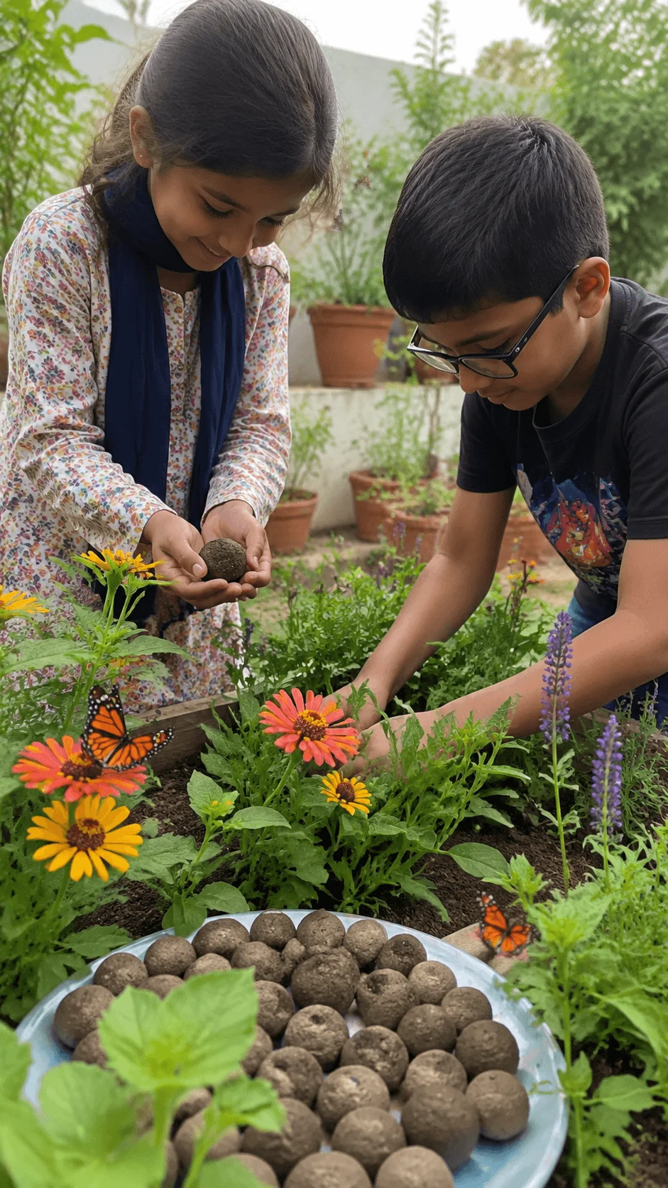 Children creating seed balls and caring for a pollinator garden with colorful flowers butterflies and plants during an environmental sustainability activity