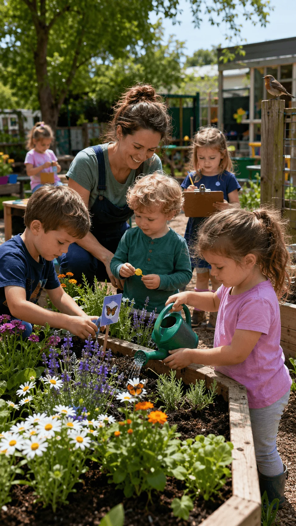 Preschool children and teacher planting watering and observing flowers in a pollinator garden with butterflies and a bird