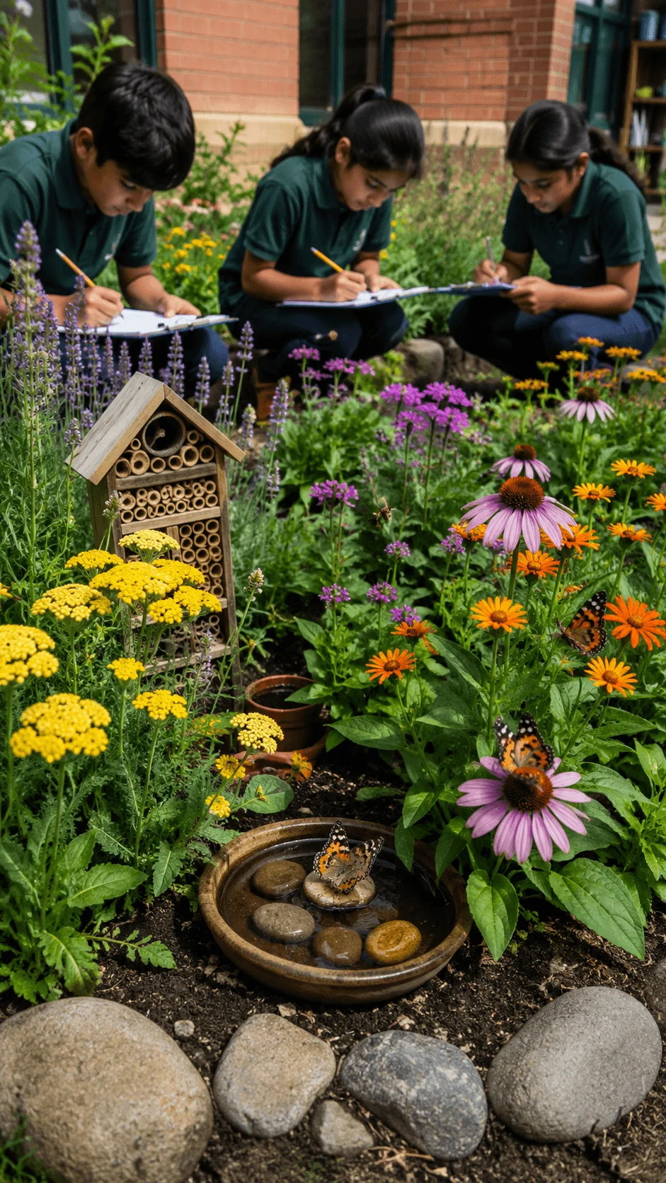 Students observing butterflies and recording data in a school pollinator garden with native flowers insect shelter and water source