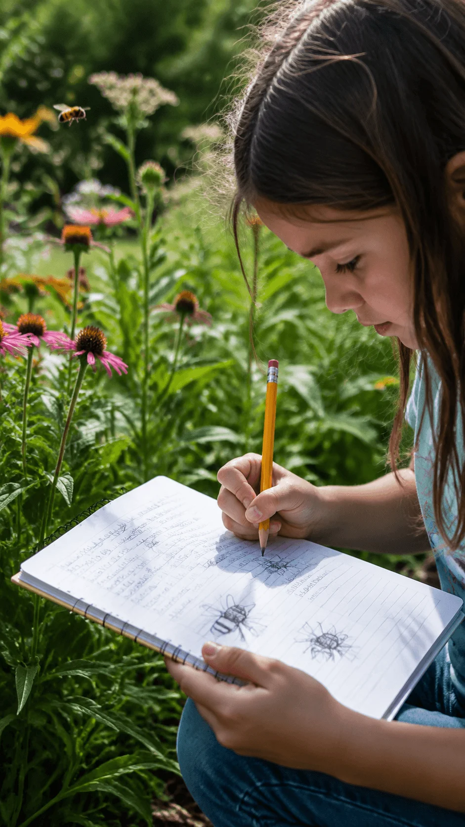 Child observing pollinators in a garden while recording insects in a journal surrounded by flowers and nature during an environmental learning activity