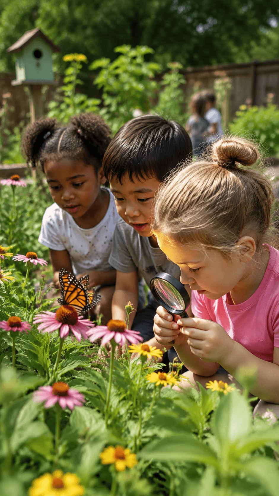 Children observing pollinators in a garden with flowers butterflies and magnifying glass during a kindergarten nature activity