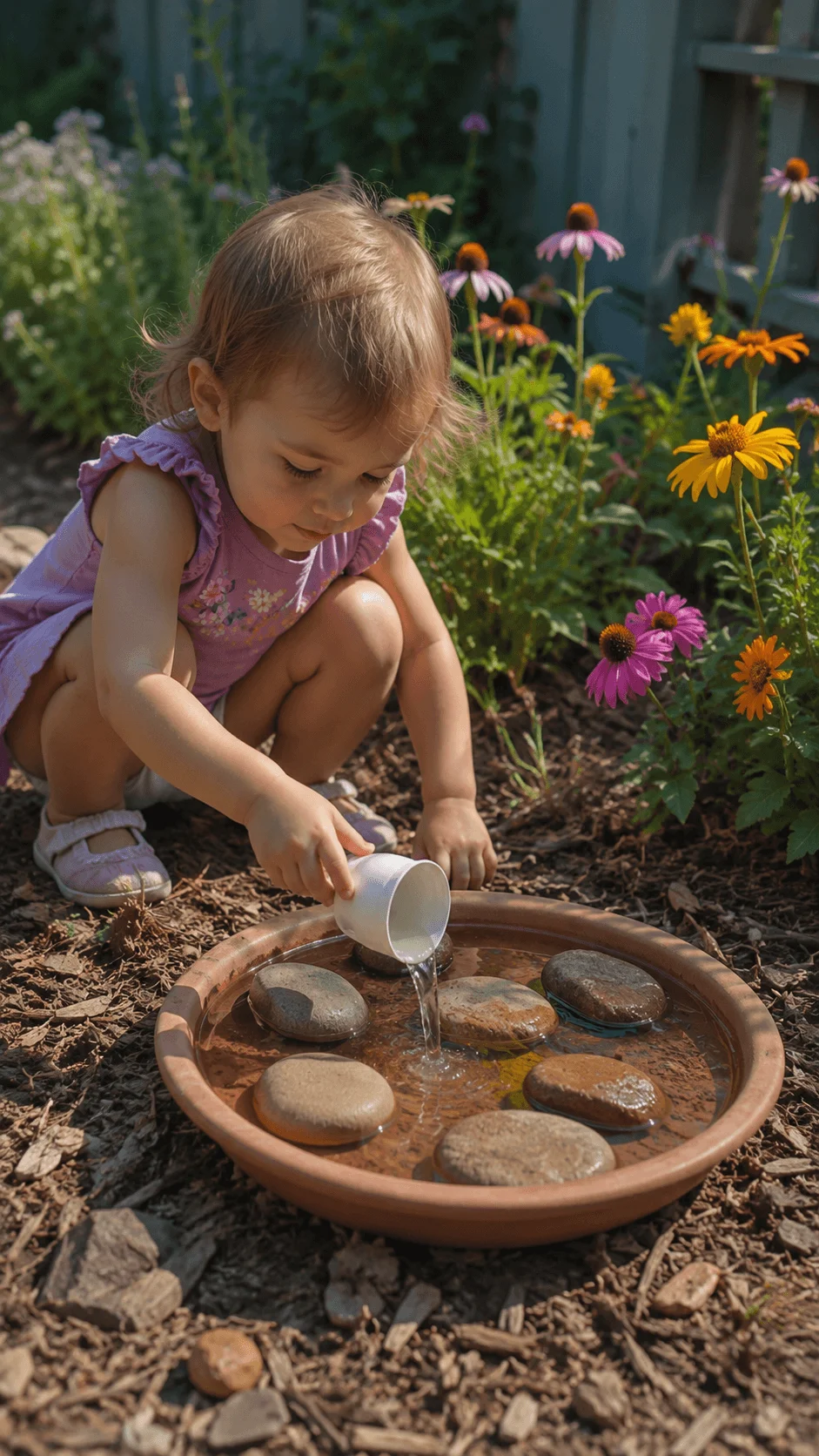 Toddler pouring water into a shallow pollinator station with large stones in a colorful garden