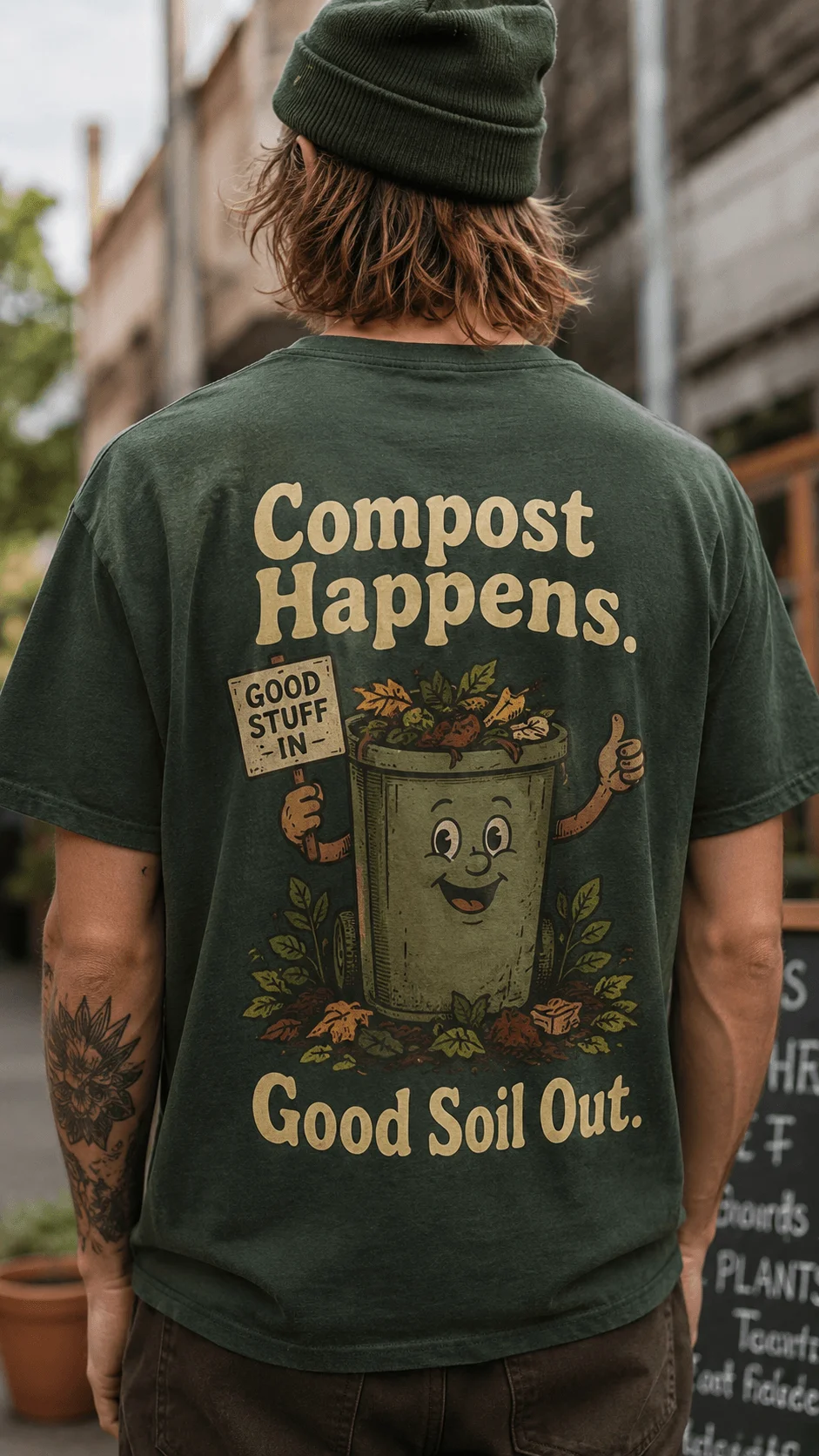 Man wearing a dark green eco humor T shirt with a smiling compost bin and positive composting message