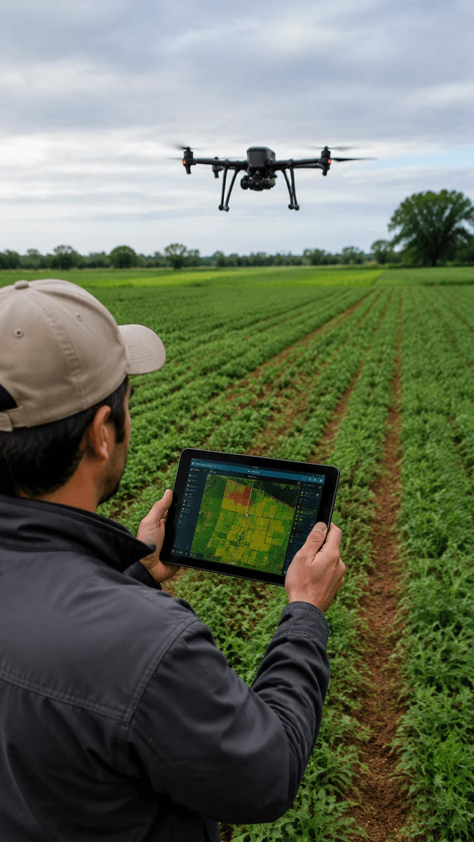 Precision agriculture drone mapping project showing a farmer using a drone and digital tablet to monitor crop fields, analyze aerial data, and improve modern sustainable farming practices with technology