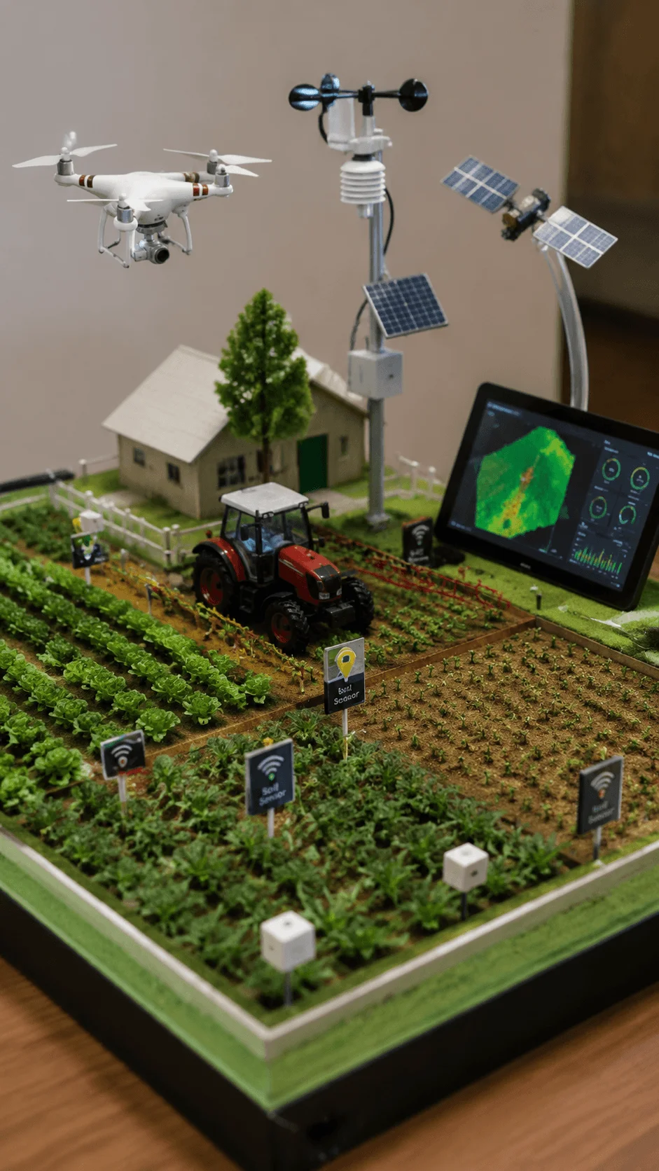 Precision agriculture model showing a smart farm with drone monitoring, GPS guided tractor, soil sensors, weather station, satellite technology, digital crop analysis, and data driven farming systems