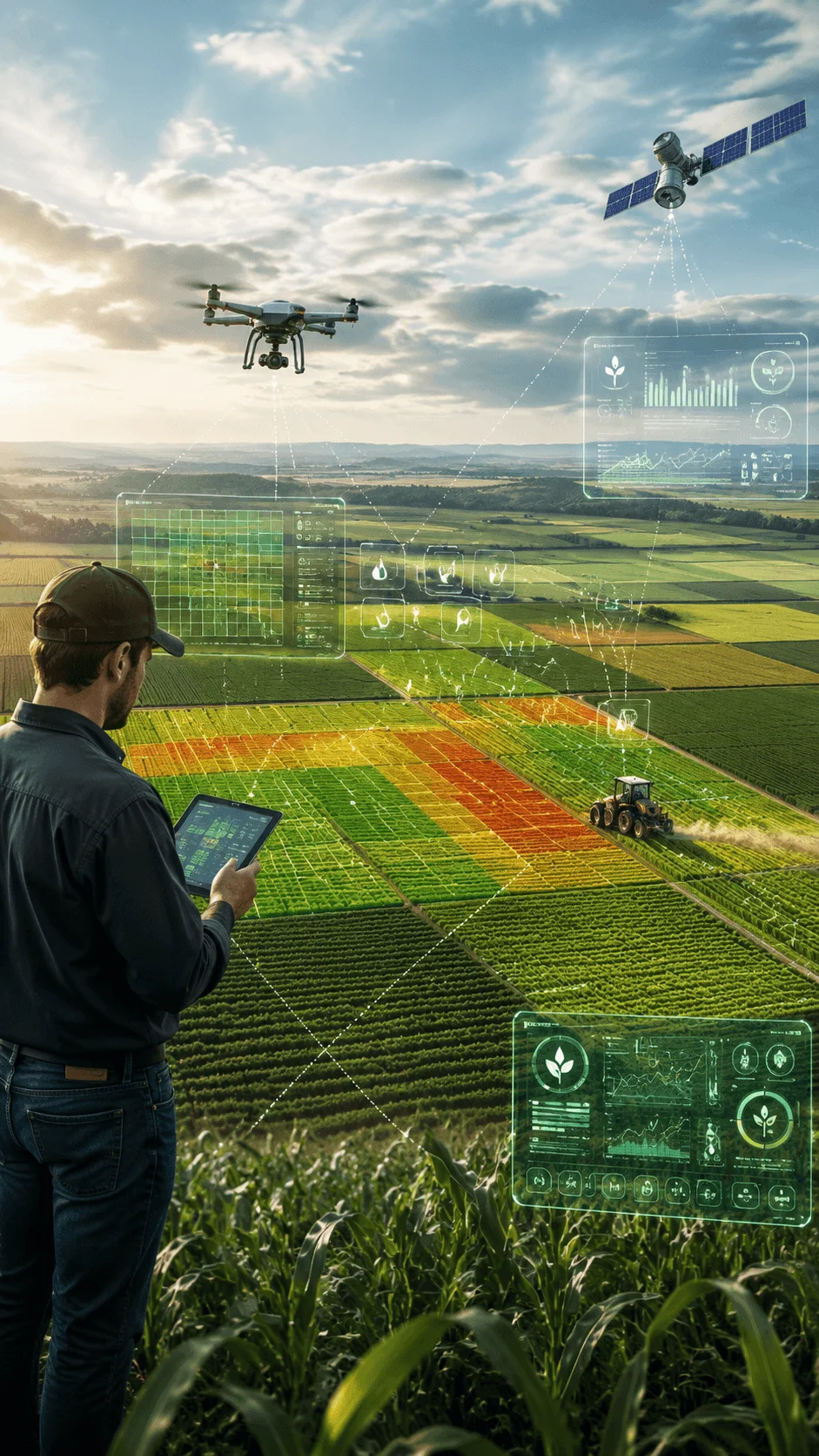 Precision agriculture technology showing farmer using digital tablet with drone satellite monitoring smart farming data analytics and connected crop fields