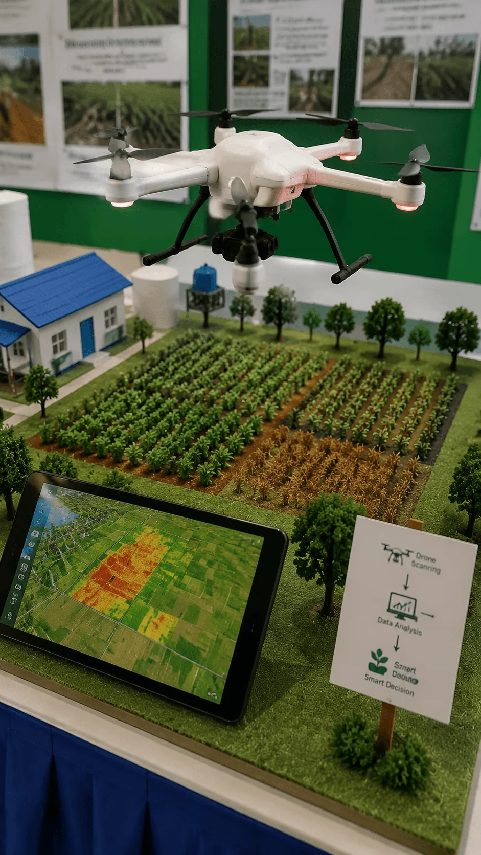 Precision agriculture model using drone technology with aerial crop monitoring camera data analysis map and smart farming decision system for sustainable agriculture project