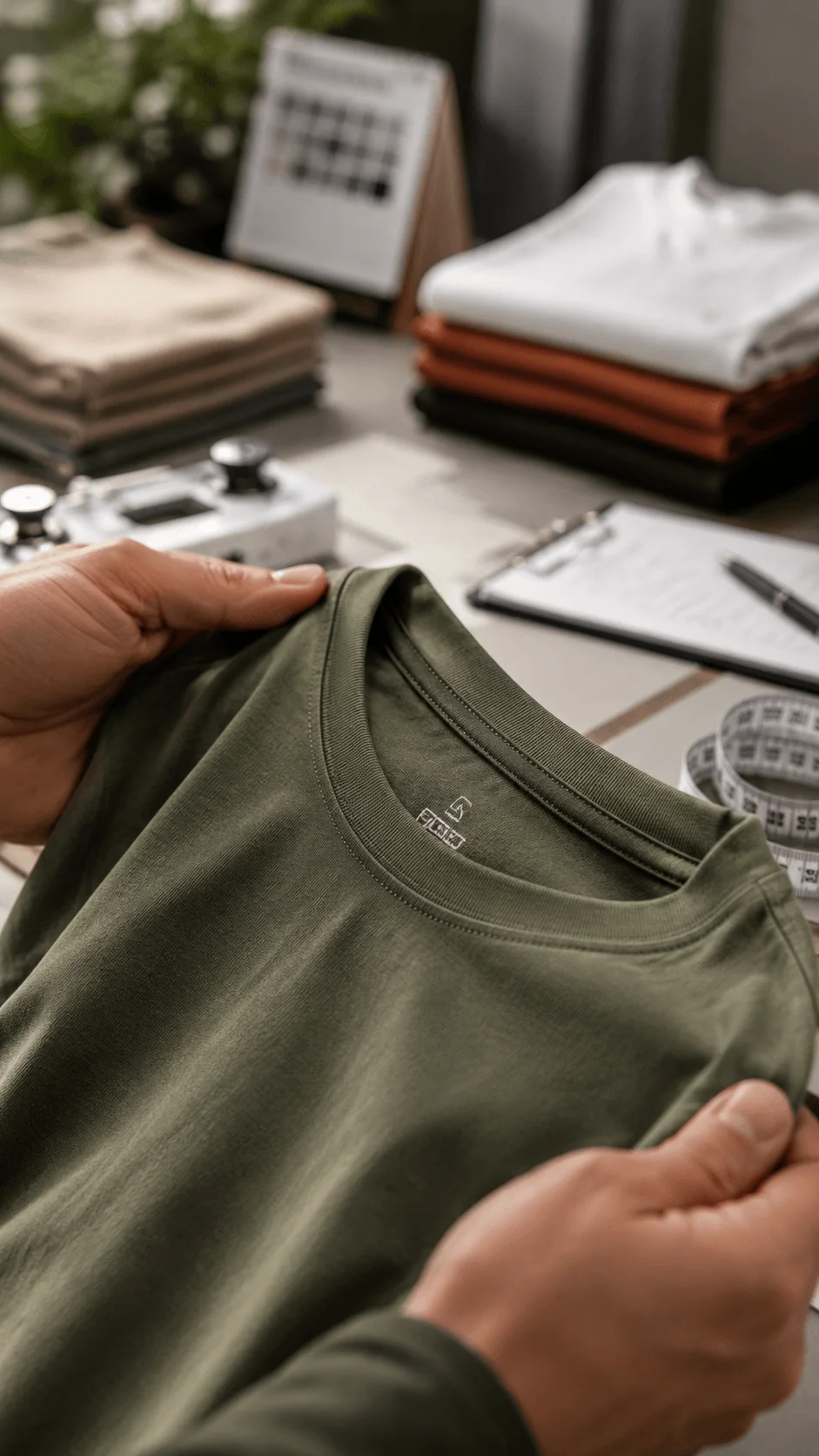 Premium durable T shirt quality inspection showing strong neckline stitching fabric texture and long lasting construction