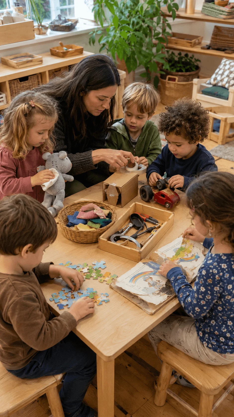 Preschool teacher helping children repair broken toys books puzzles and stuffed animals with reusable tools and materials