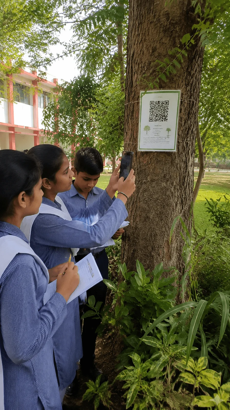 Students exploring a QR code biodiversity trail project by scanning tree information signs and recording observations about plants and nature in a school garden area