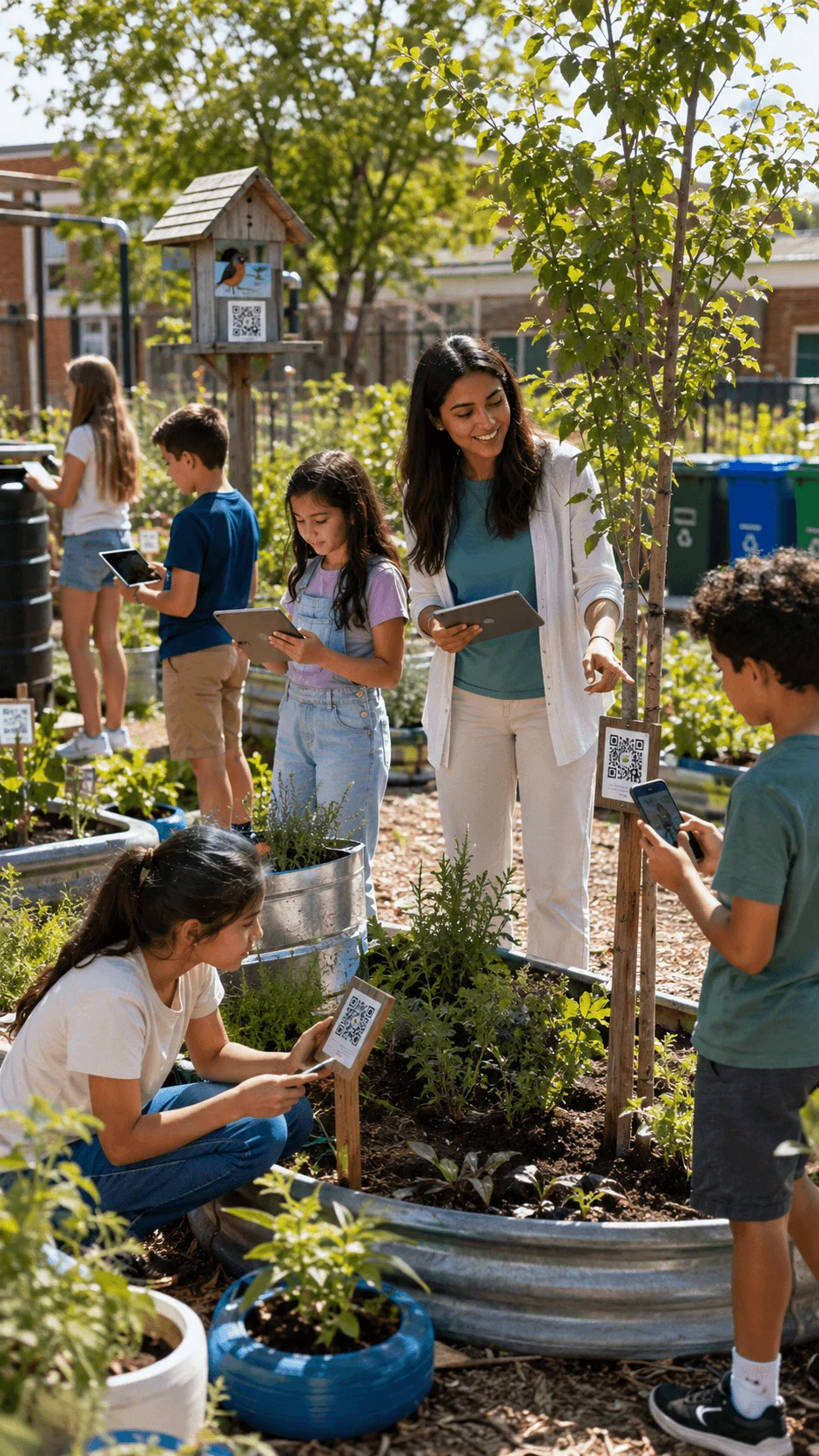 Children exploring a QR code nature trail with tablets and digital learning signs in a school garden during an environmental sustainability activity