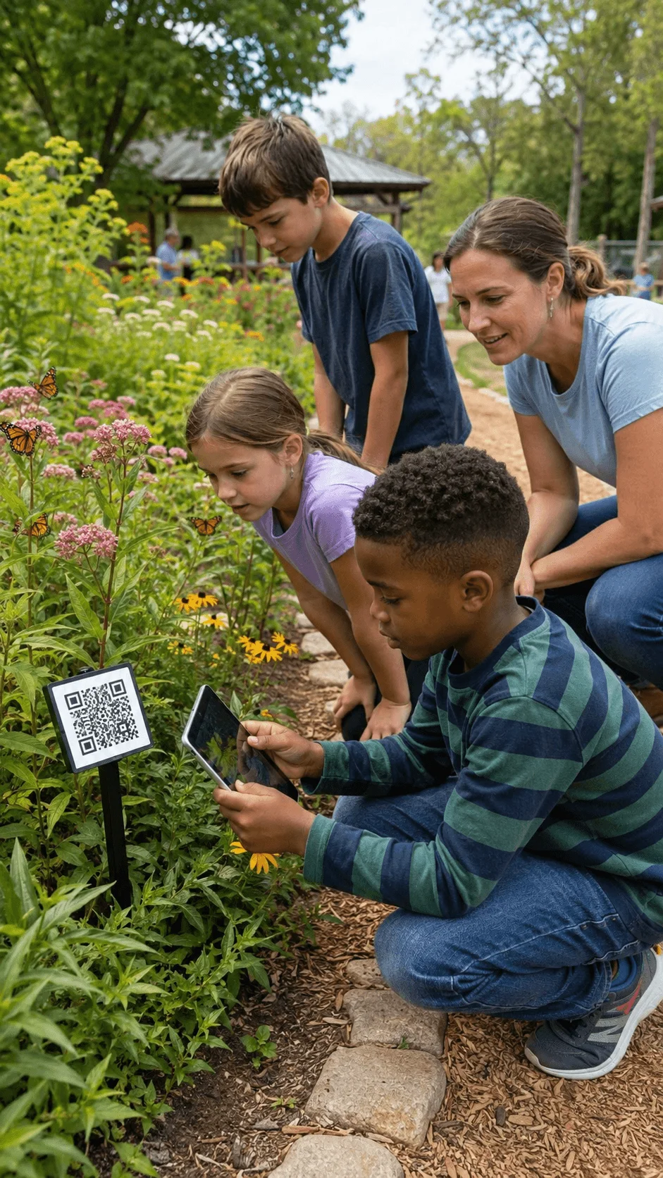 Children scanning a QR code to learn about plants and butterflies on an educational nature trail