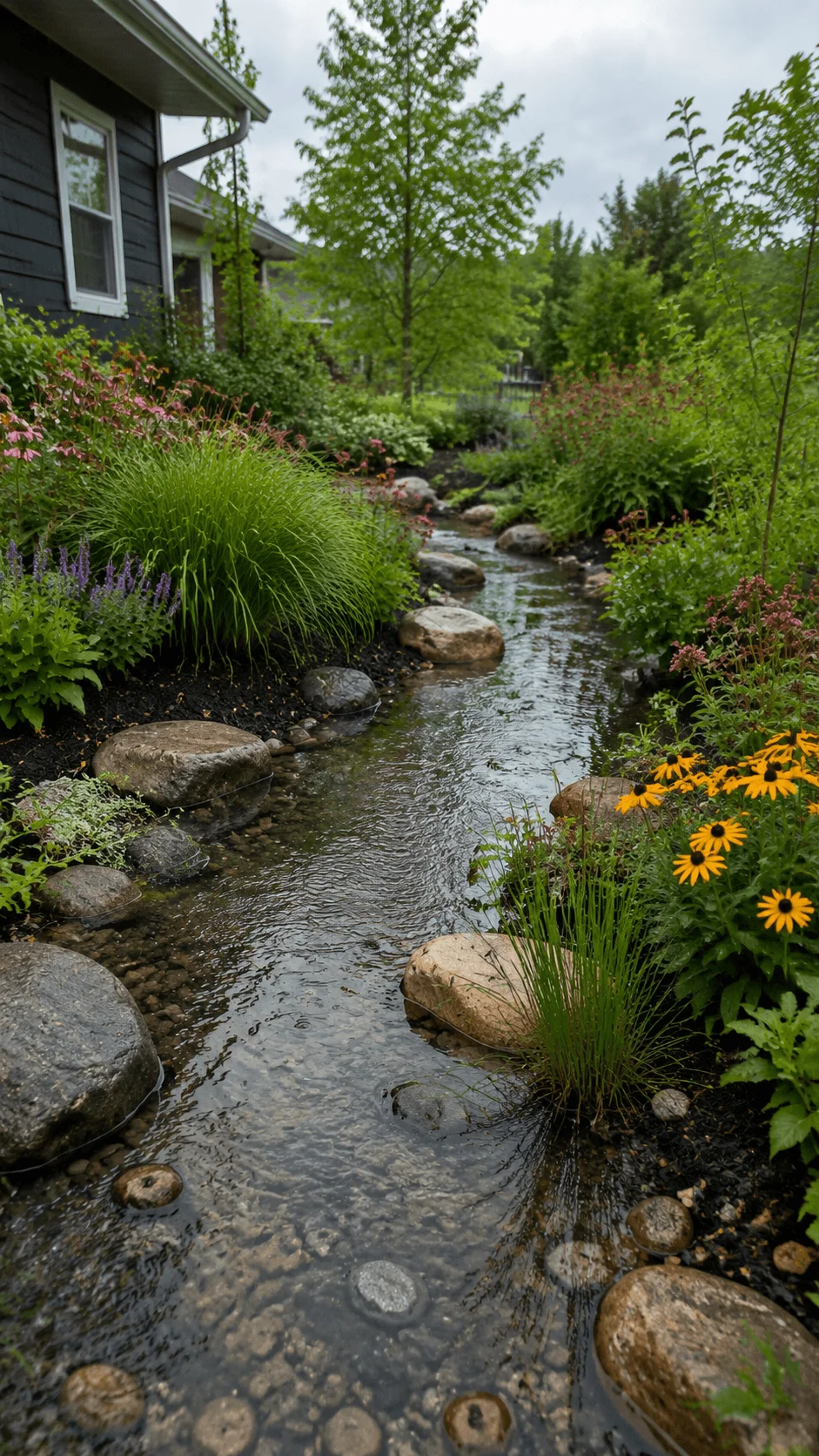 Rain garden landscape with flowing water, smooth stones, native plants, colorful flowers, and lush greenery beside a home creating a natural sustainable water management garden design