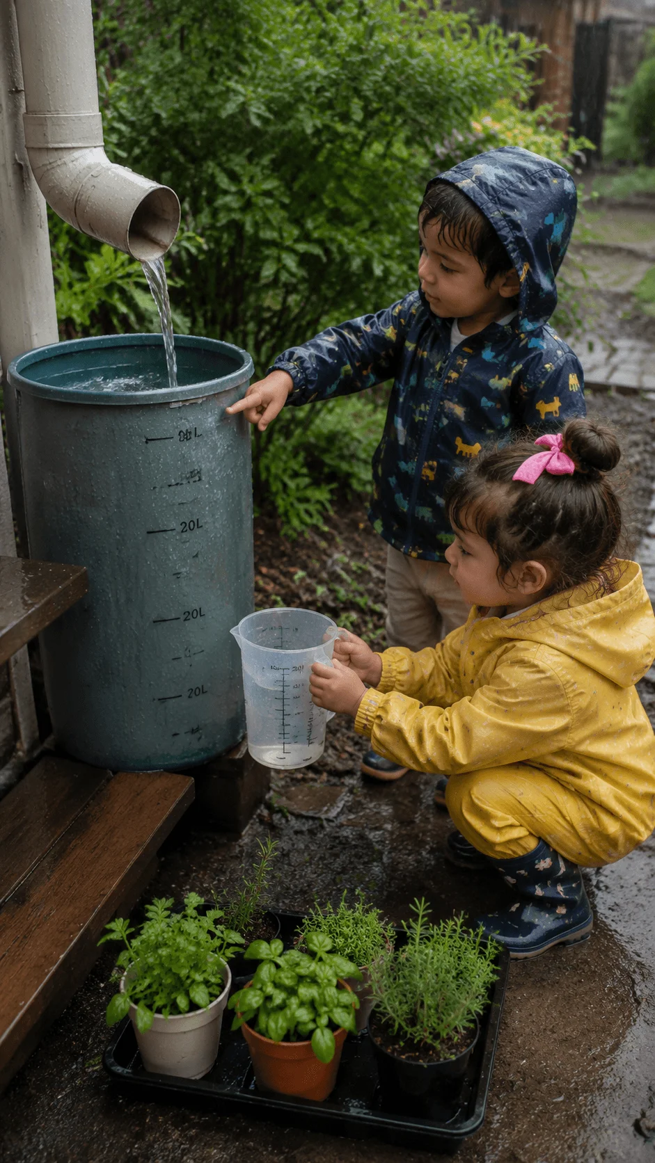 Children collecting and measuring rainwater for a kindergarten water conservation discovery activity outdoors